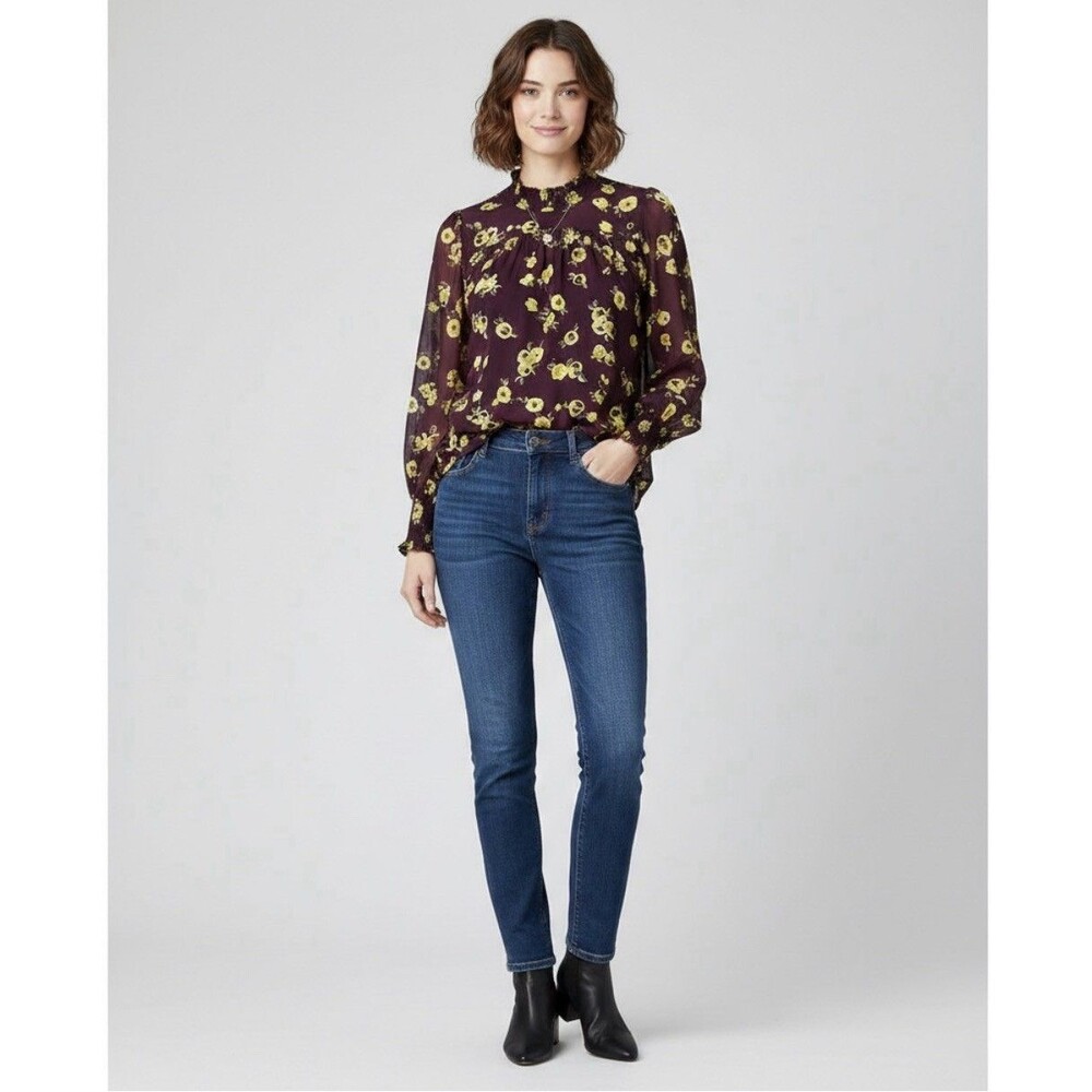 CALVIN KLEIN Women's 1X Blouse Aubergine Floral Mock Neck Long Sleeved NEW $99.5